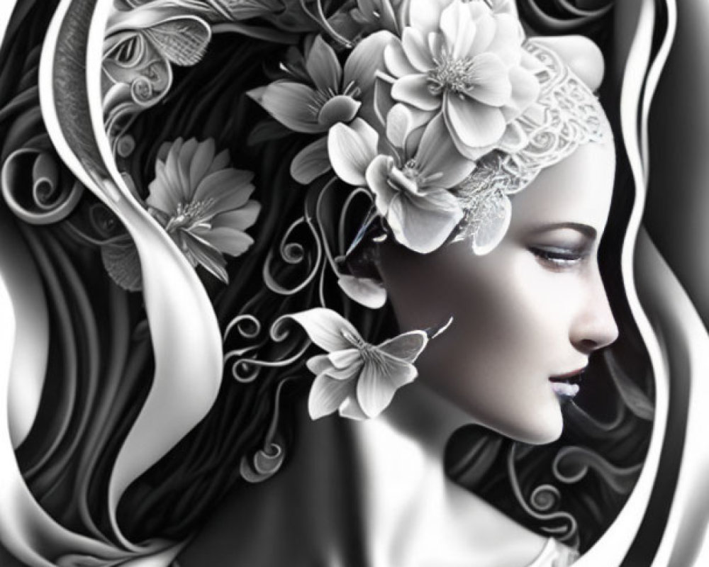 Monochrome artistic profile of a woman with floral patterns.