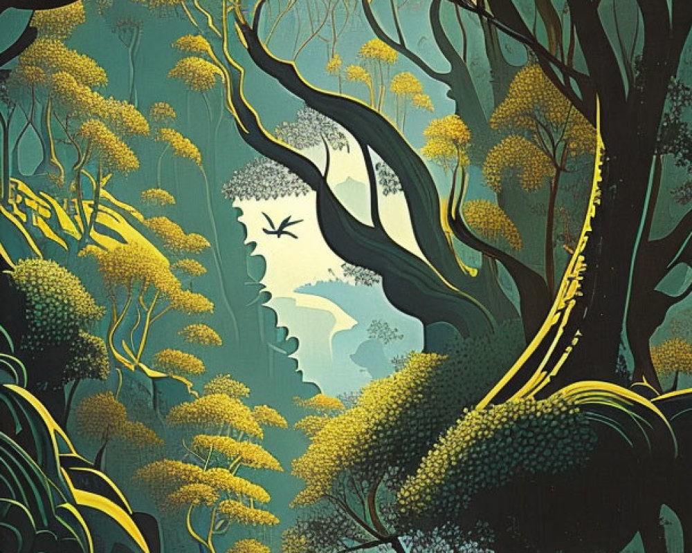 Stylized forest illustration with green and yellow trees, bird, and mystical ambiance.