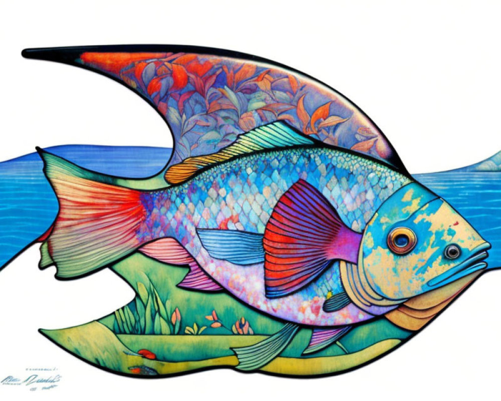 Vibrant fish illustration with intricate patterns and smaller fish on white background