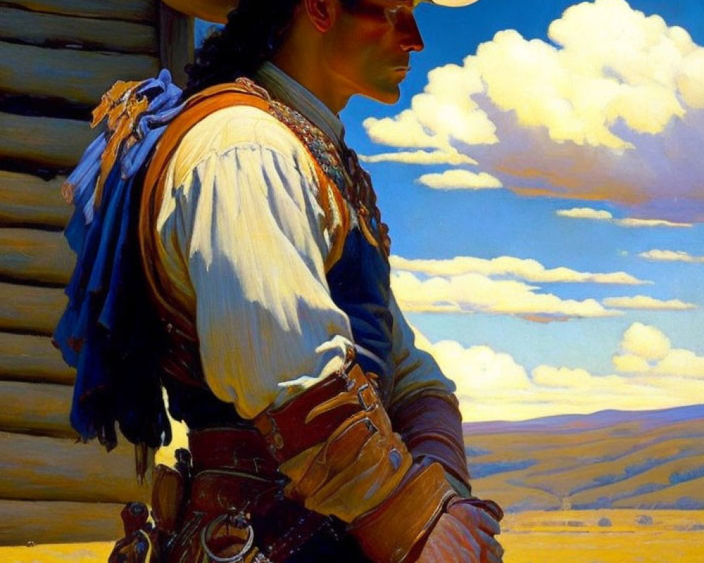 Cowboy painting with white hat and blue scarf against blue sky and yellow field