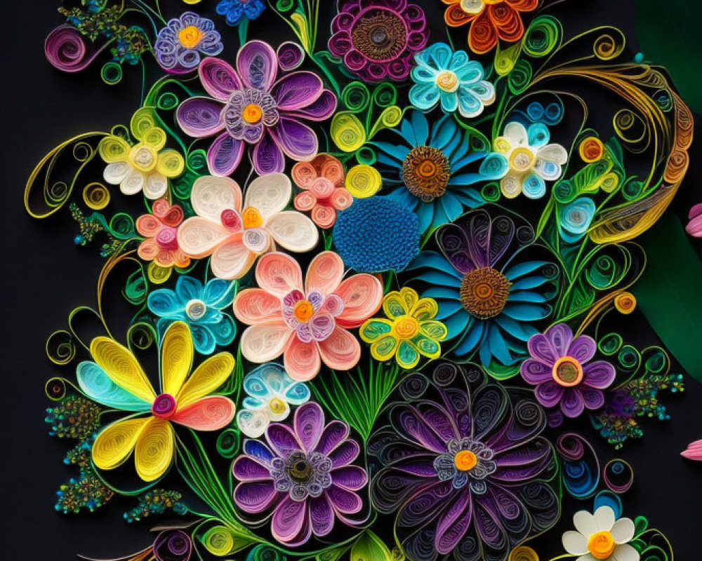 Colorful Paper Flowers and Swirls on Dark Background in Quilling Art