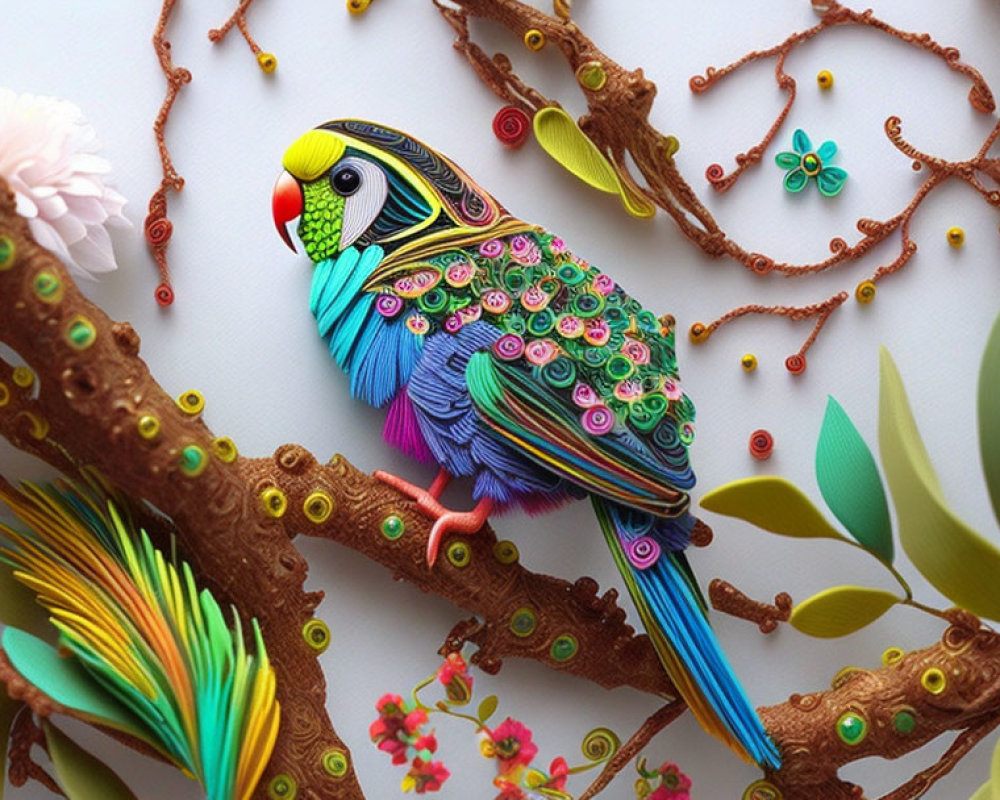 Colorful Paper Art: Bird on Branch with Floral and Leaf Designs