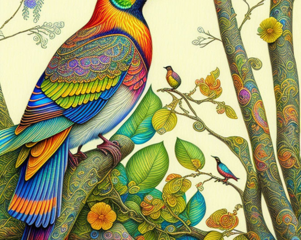 Colorful Bird Illustration Perched on Whimsical Tree