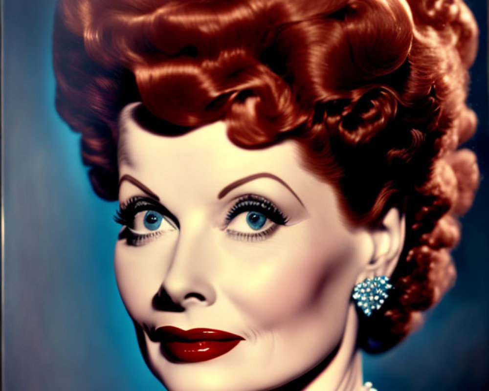 Vintage Portrait of Woman with Red Hair, Blue Eyes, and Diamond Jewelry