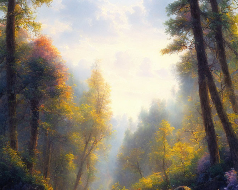 Tranquil forest scene with sunlight filtering through tall trees by serene river