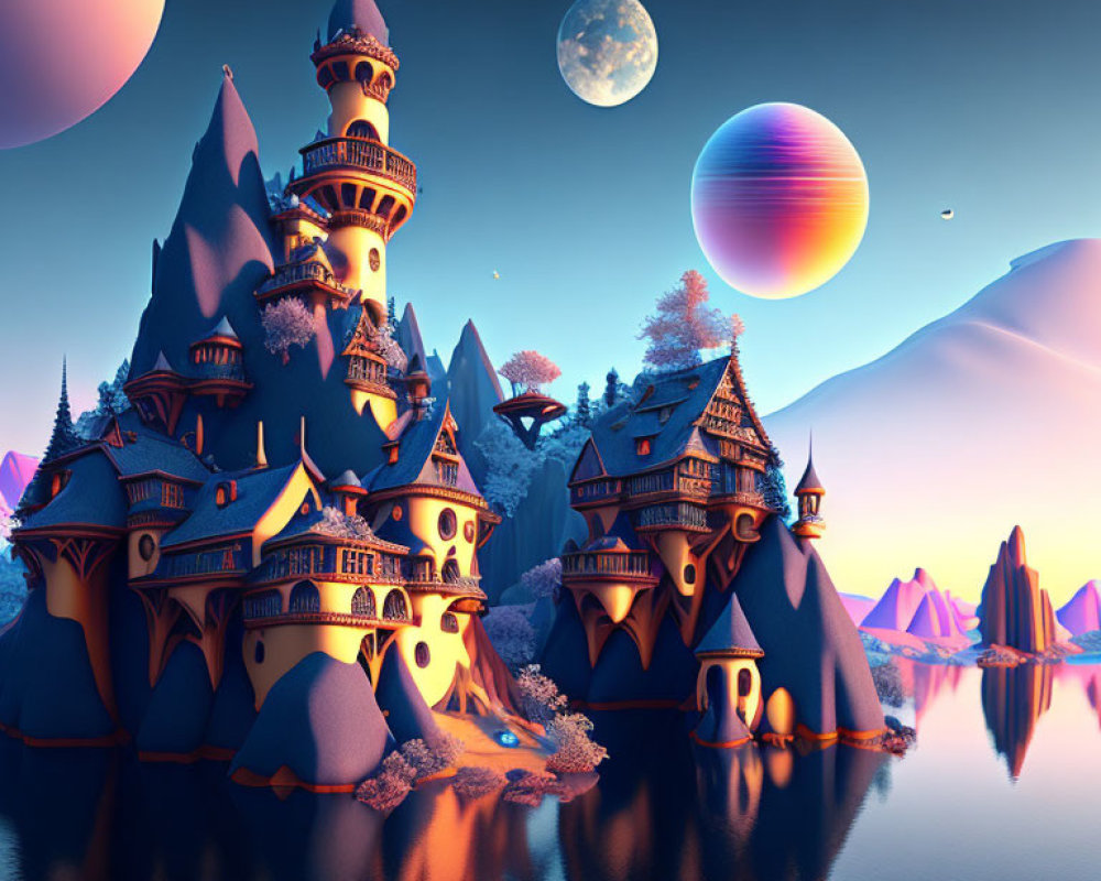 Majestic castle with spires in mountain twilight with moon and planet