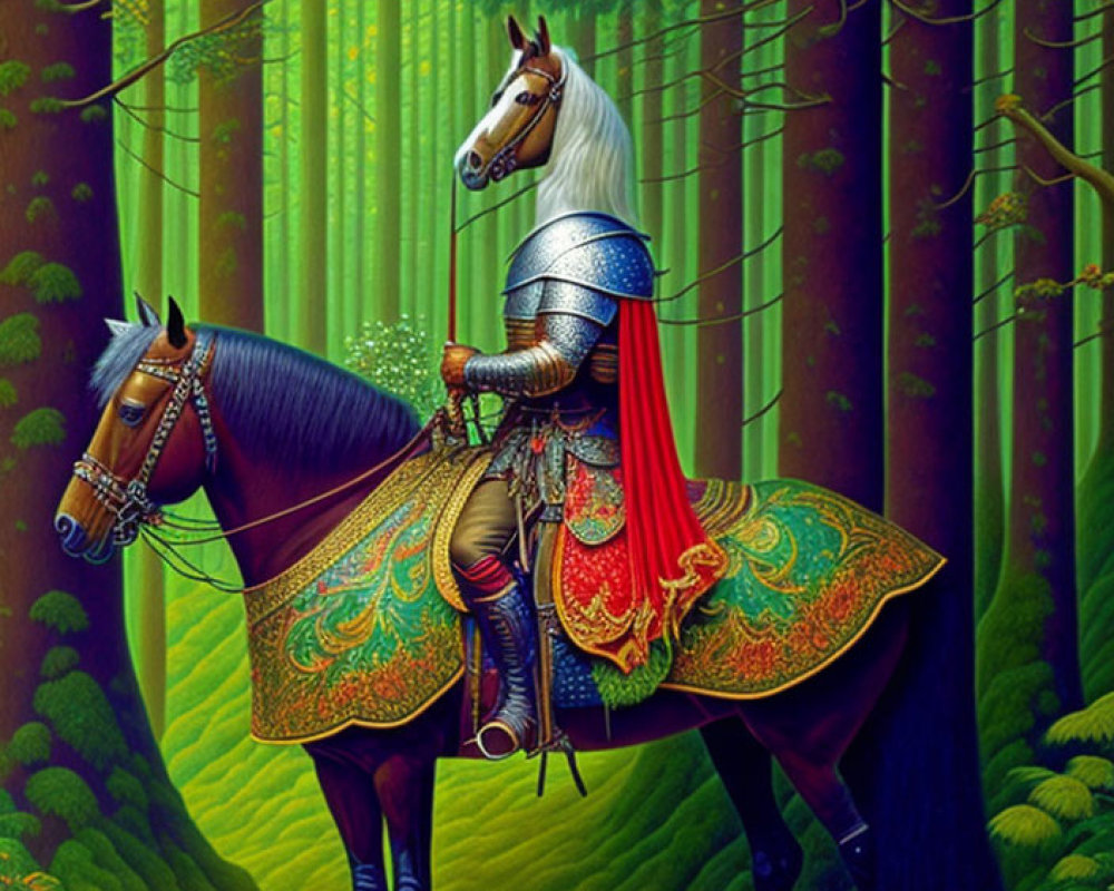 Knight in ornate armor on horse in lush green forest with second horse