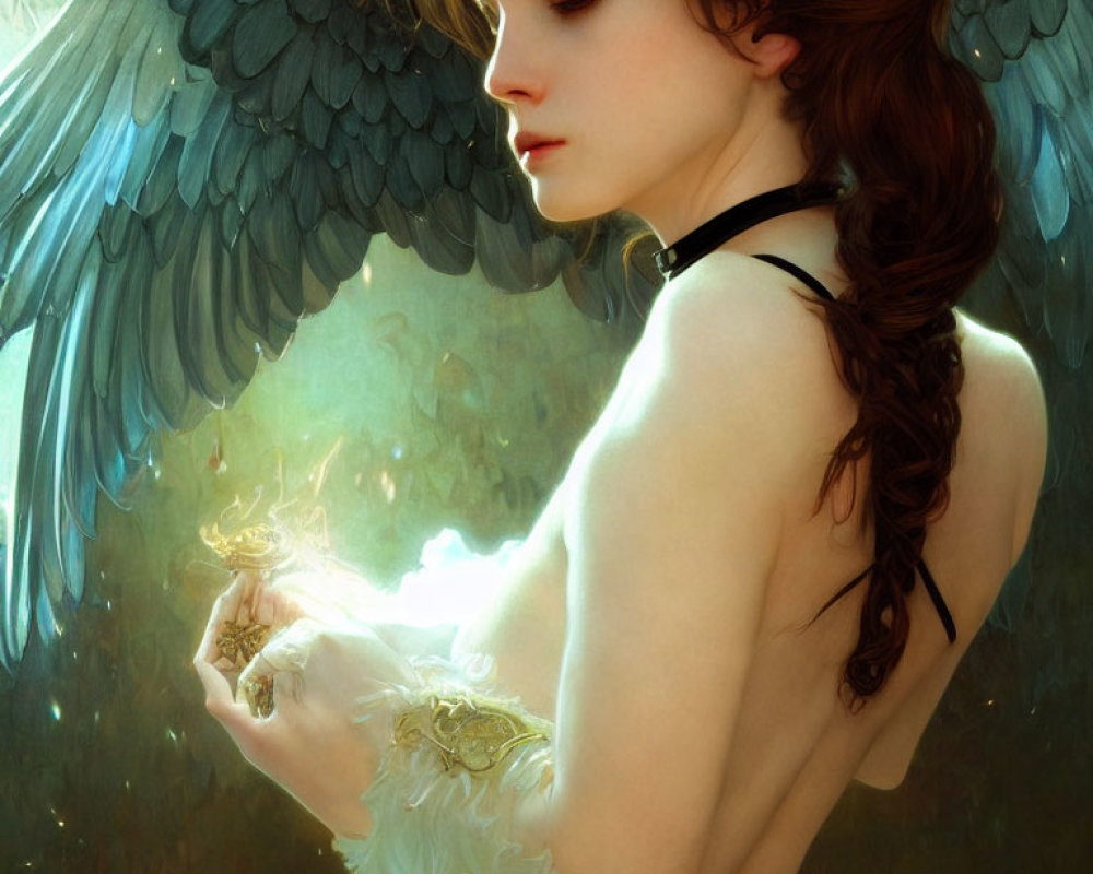 Dark Angel Winged Woman Holding Glowing Object