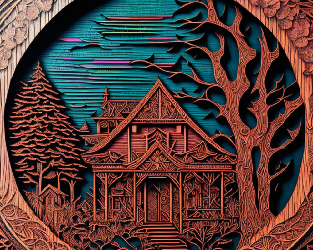 Circular Wood Carving of Cabin, Trees, Mountains, and Sky in Natural and Stained Wood