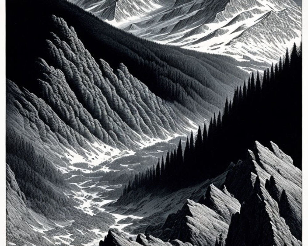 Monochrome mountain landscape with dramatic clouds and dense forest.