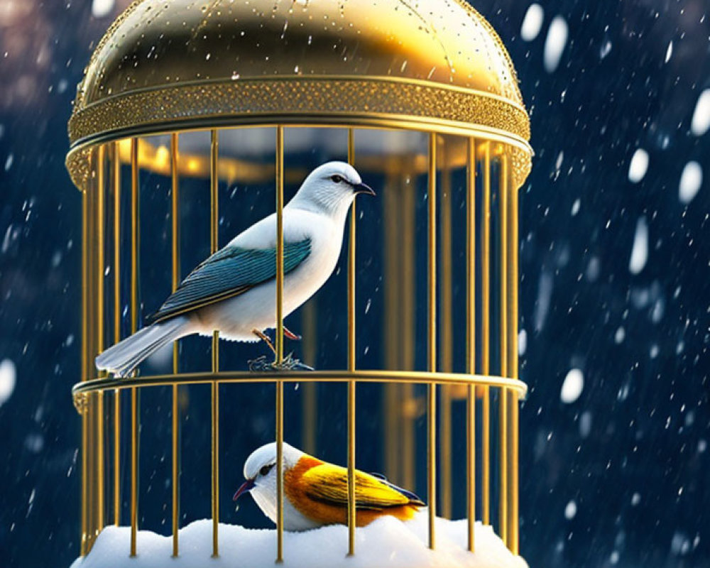 Golden cage with two birds in snowfall scenery