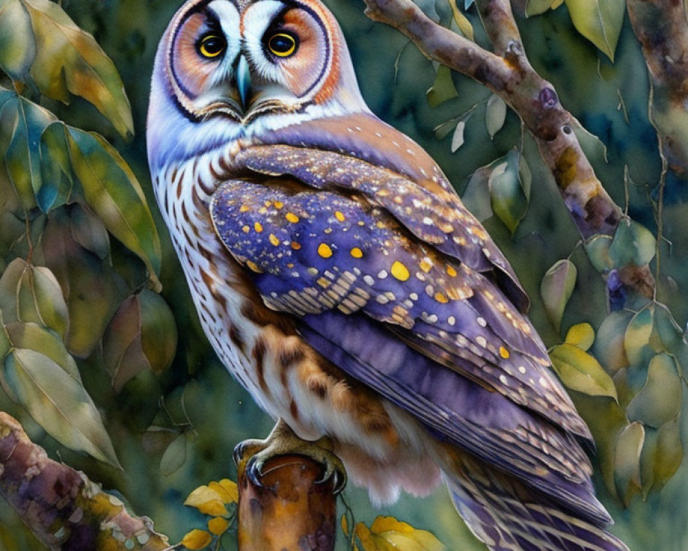 Detailed Owl Perched on Branch Painting in Brown and Blue