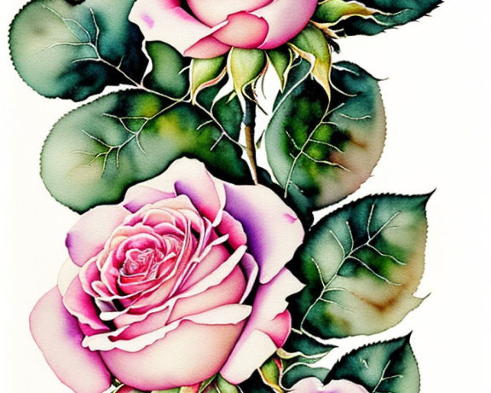 Detailed Botanical Illustration of Pink and White Gradient Roses