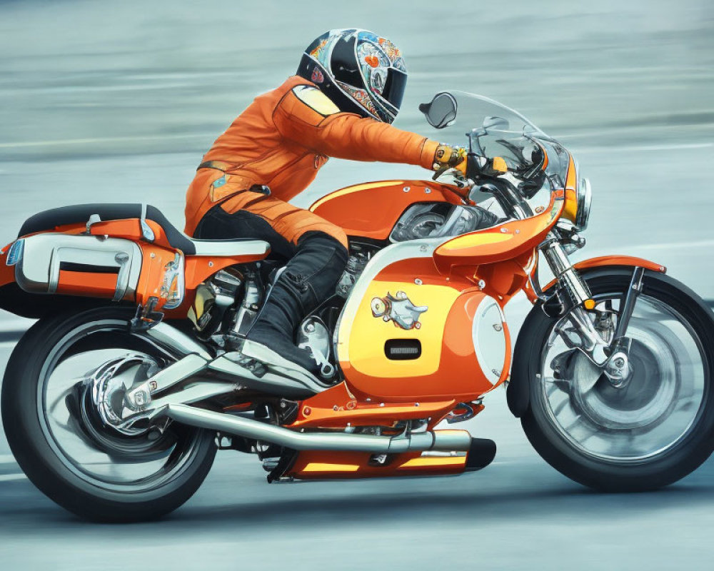 Vintage-style racing motorcycle with orange and white livery and fish emblem rider.