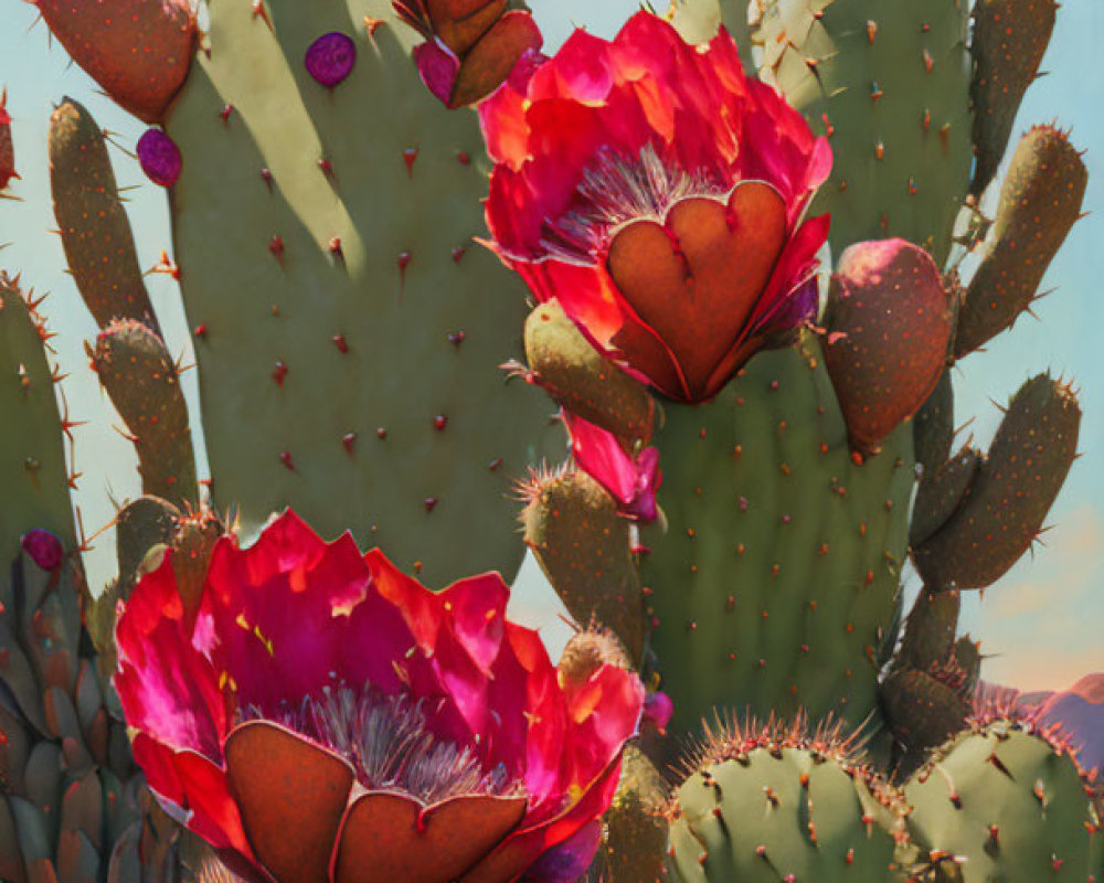 Vibrant red blossoms on green cactus pads under clear blue sky