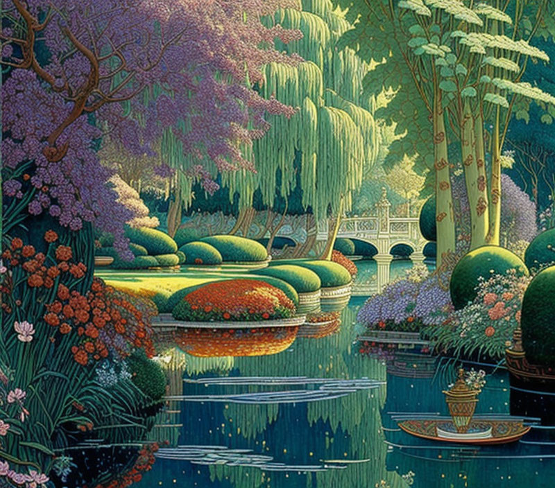 Tranquil garden with topiaries, pond, weeping willows, and white bridge at