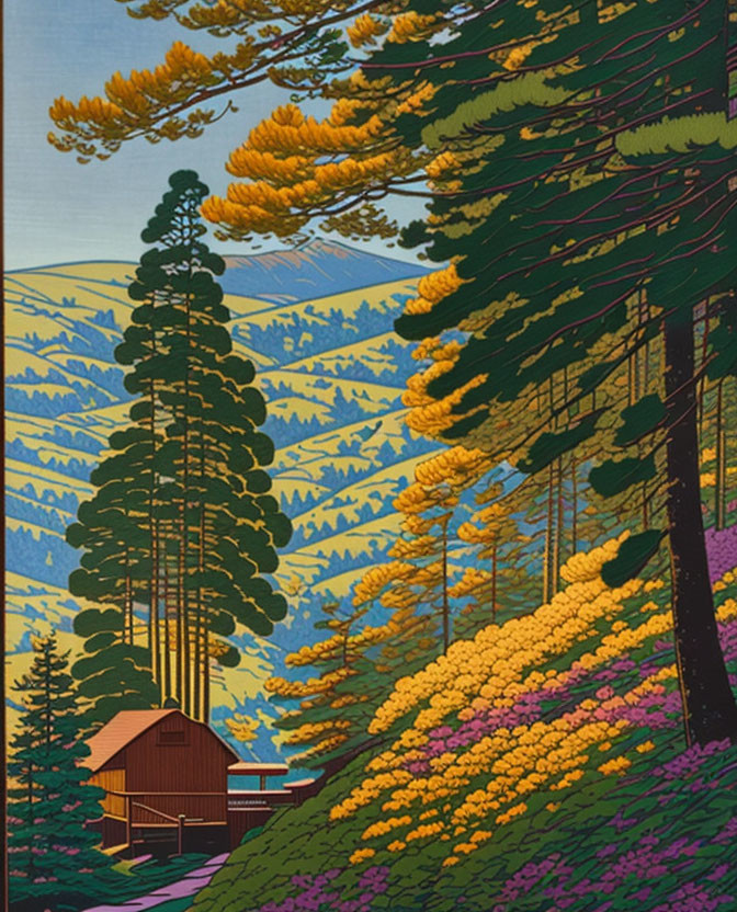 Colorful mountain landscape with cabin and trees in Japanese style.