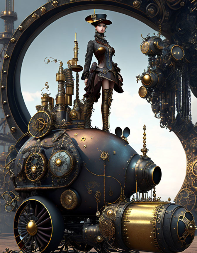 Victorian woman on steampunk contraption among mechanical structures