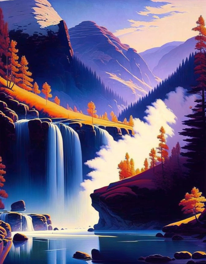 Colorful landscape with waterfall, lake, autumn trees, mountains, and dusk sky