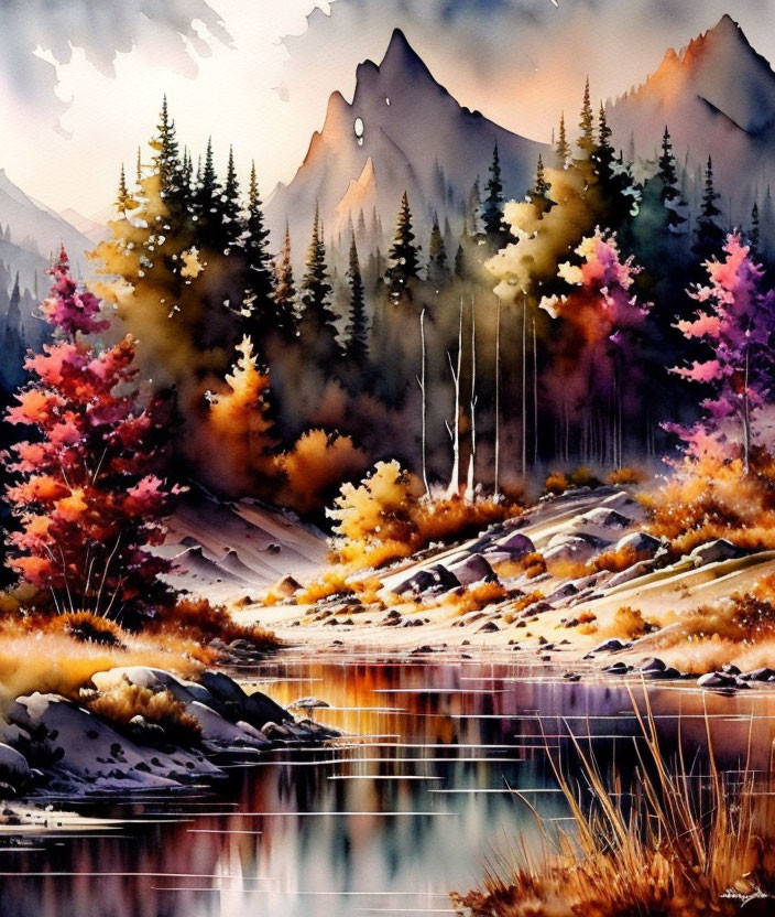 Serene landscape watercolor with autumn trees, river, and mountain