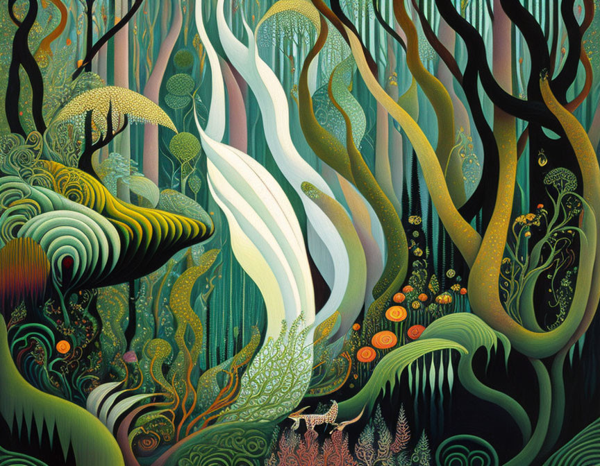 Detailed illustration of stylized forest with swirling trees and leopard-like creature