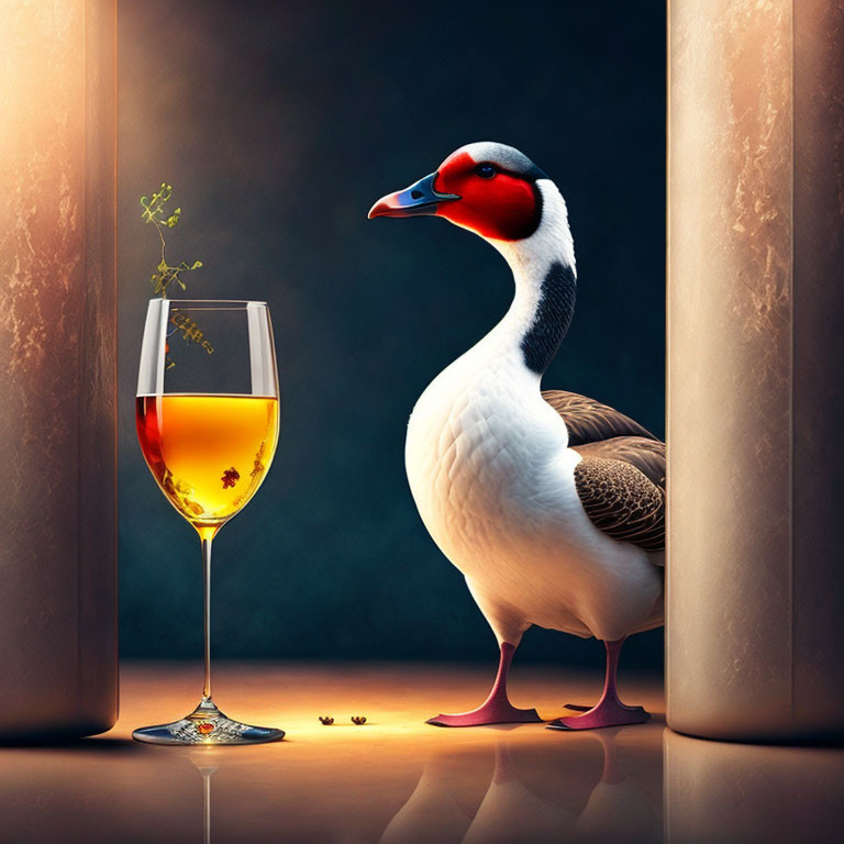 Swan next to wine glass with tiny climbers, draped curtains.