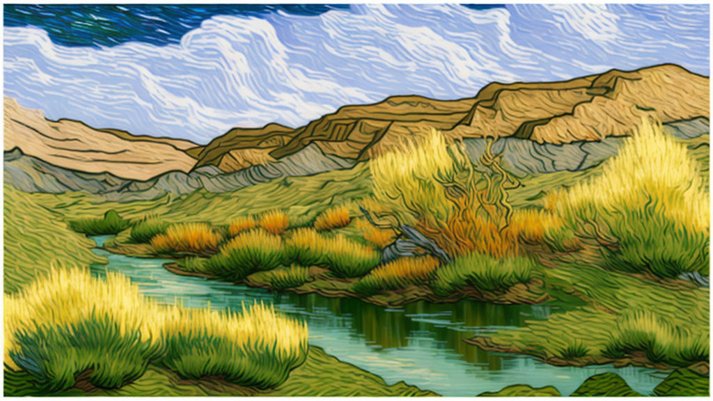 Serene river painting with grassy banks and rugged hills under blue sky