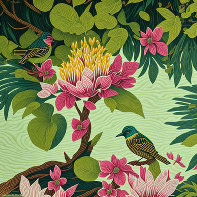 Vibrant botanical illustration with birds in lush foliage