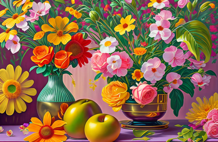 Colorful Flower Bouquet and Fruits in Vase on Table with Pink Background