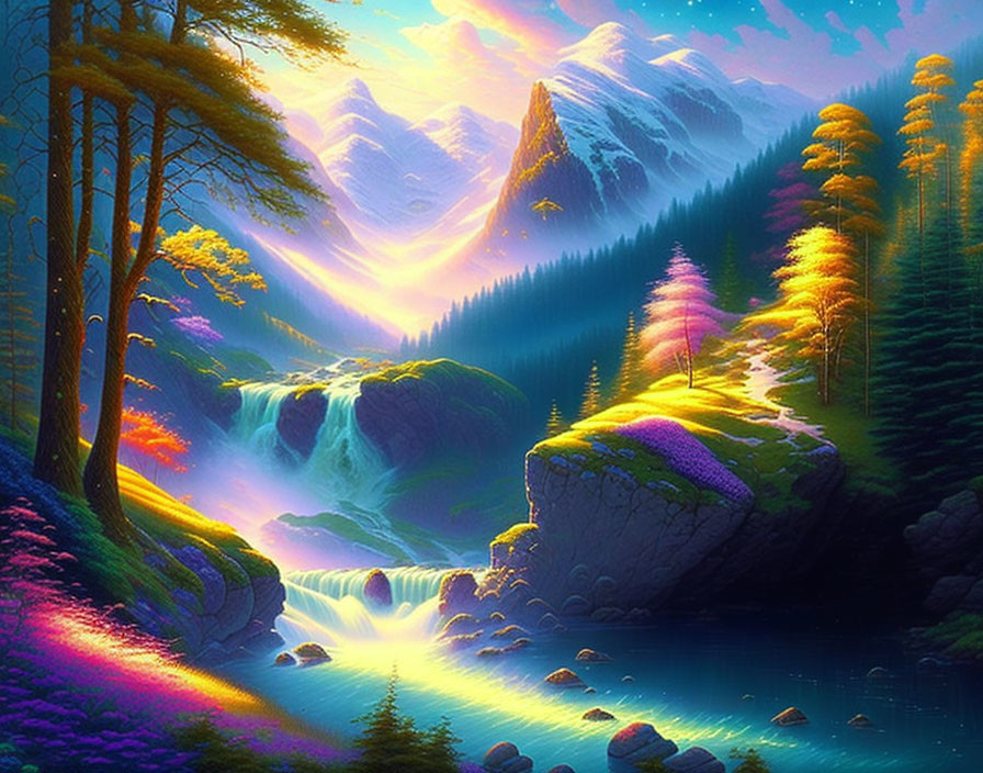 Colorful Fantasy Landscape with Waterfall, River, and Mountains