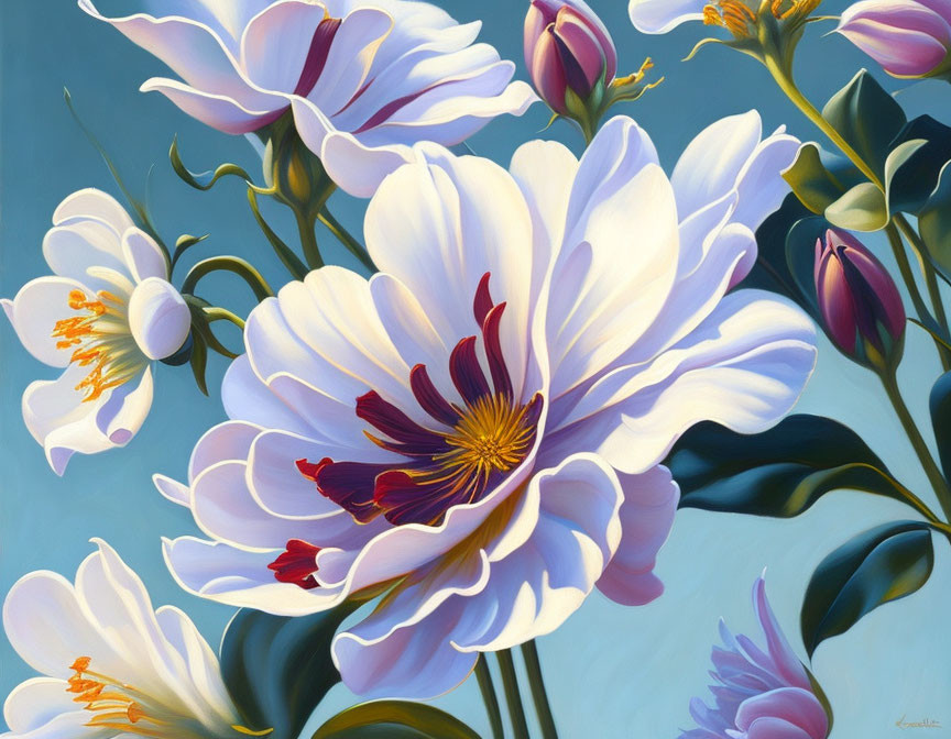 White and Pink Flower Painting with Detailed Stamens on Soft Blue Background