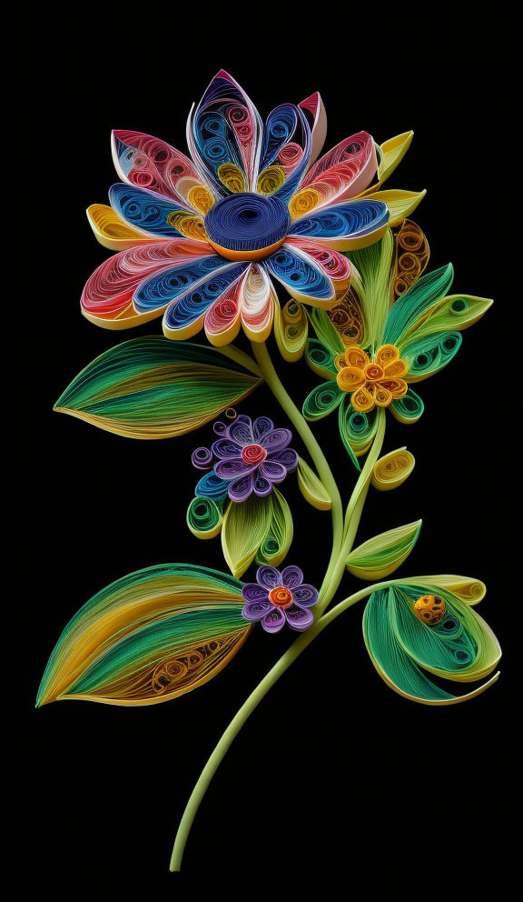 Colorful Quilled Paper Flower Bouquet on Black Background