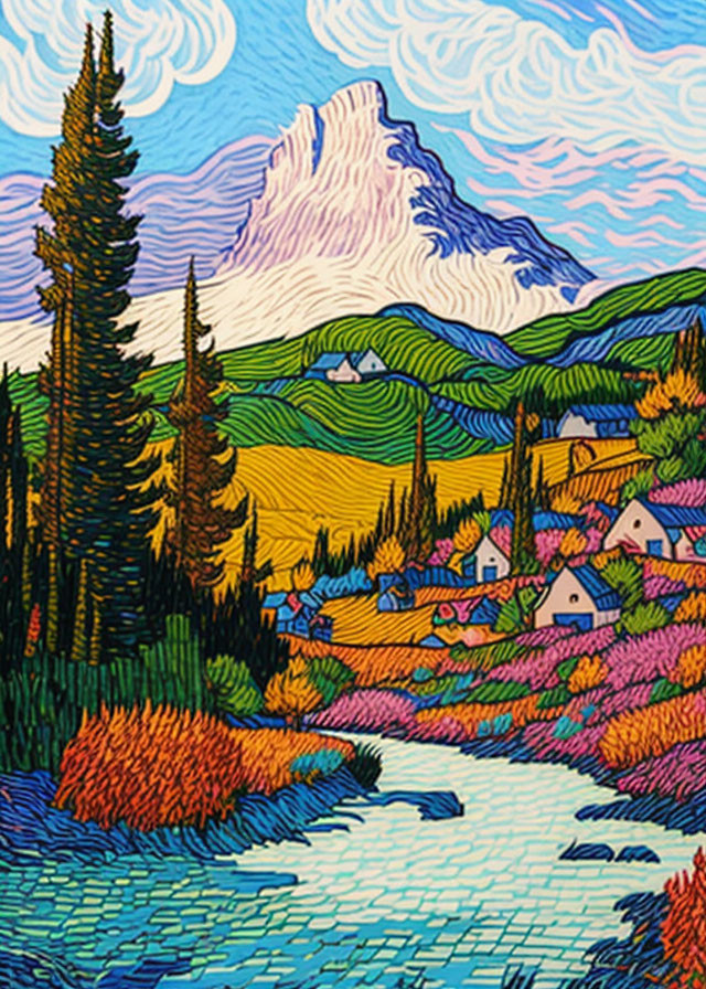 Colorful mountain landscape with river, trees, and houses in vibrant, stylized artwork.