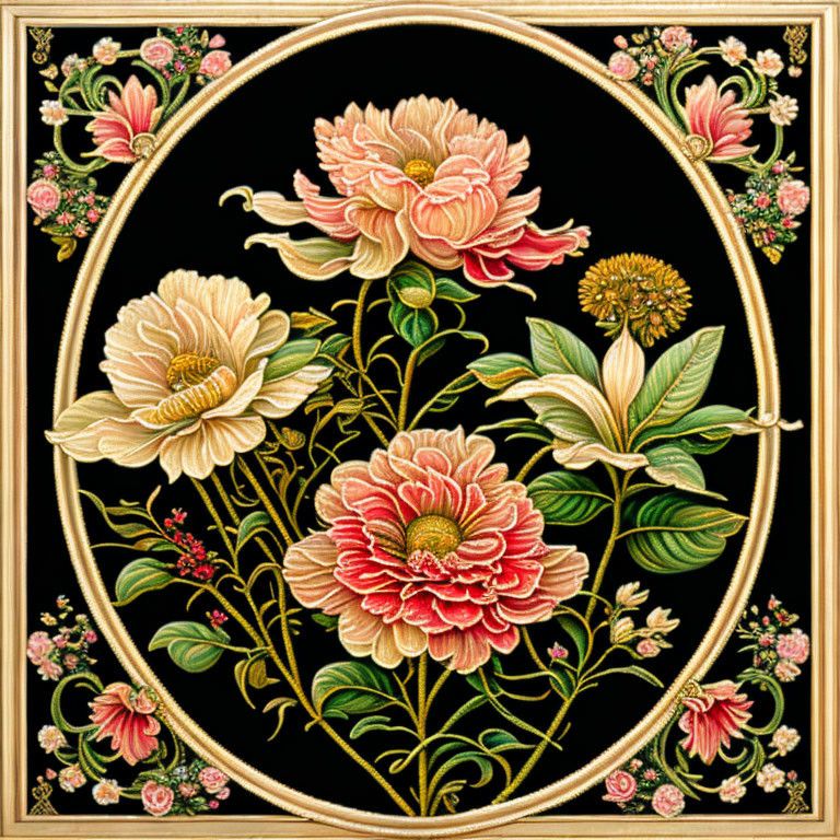 Classical Embroidery Design: Pink Peonies on Black with Golden Border