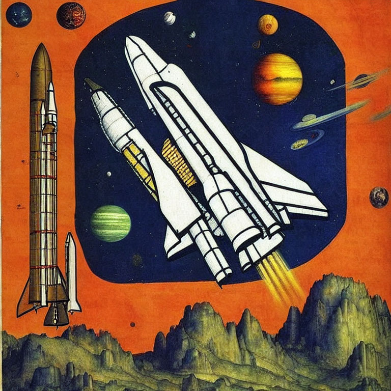 Vintage-style space illustration with rockets, planets, satellites, and rocky terrain