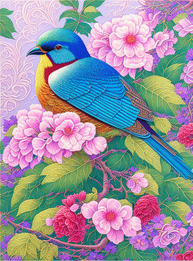 Colorful Bird Among Pink and Violet Flowers with Detailed Foliage