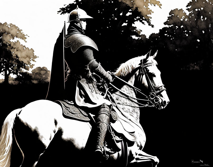 Monochromatic knight on white horse in dark woodland