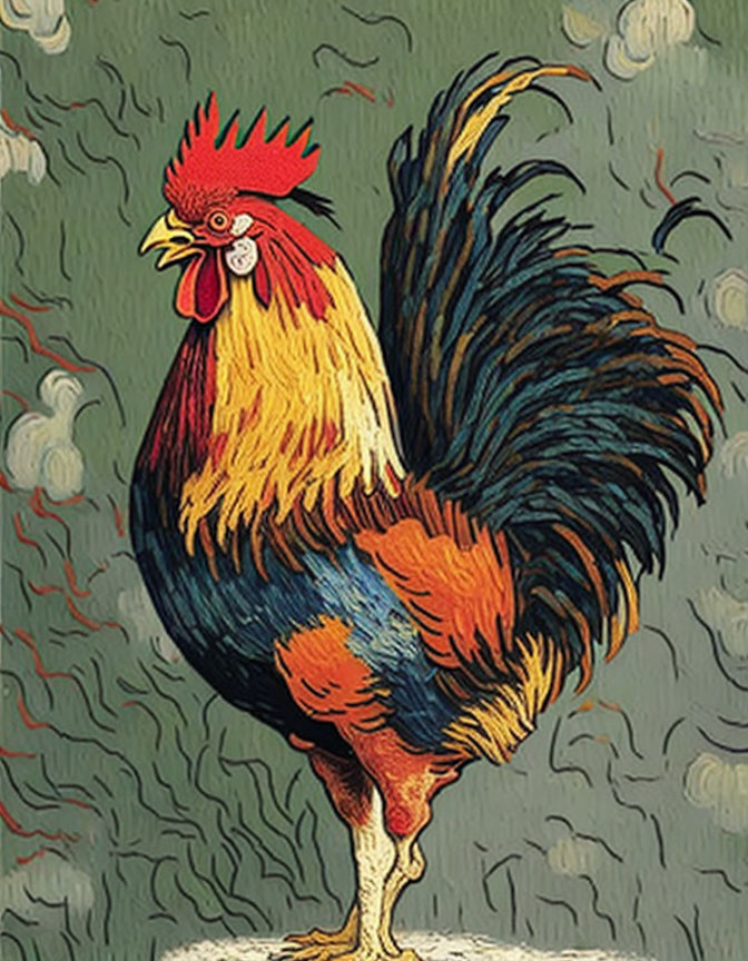 Colorful Rooster Illustration on Green Background with Wave Patterns