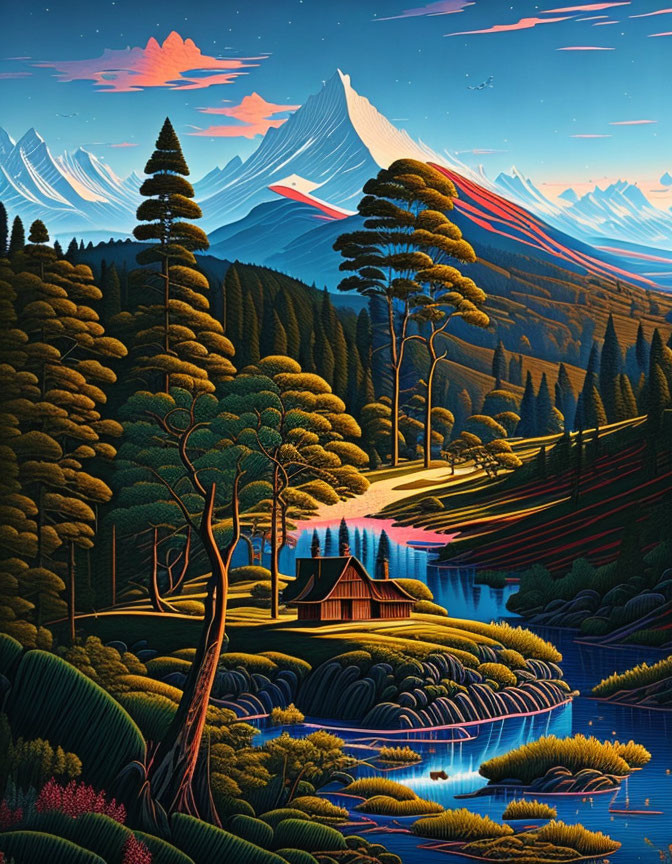 Colorful landscape with cabin, river, pine trees, and mountains at sunset