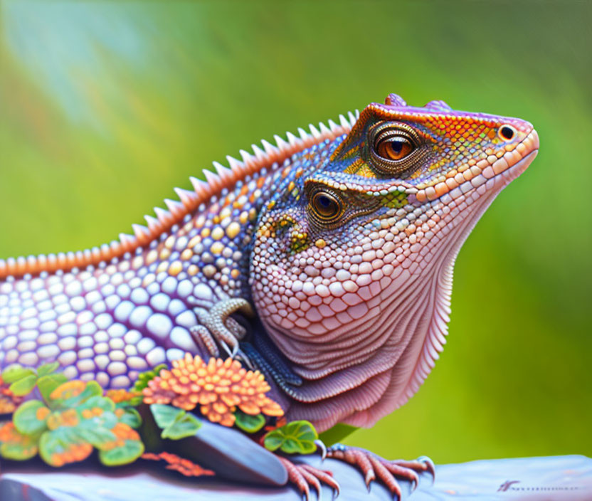 Detailed Illustration of Colorful Iguana with Vibrant Orange, Purple, and Green Scales