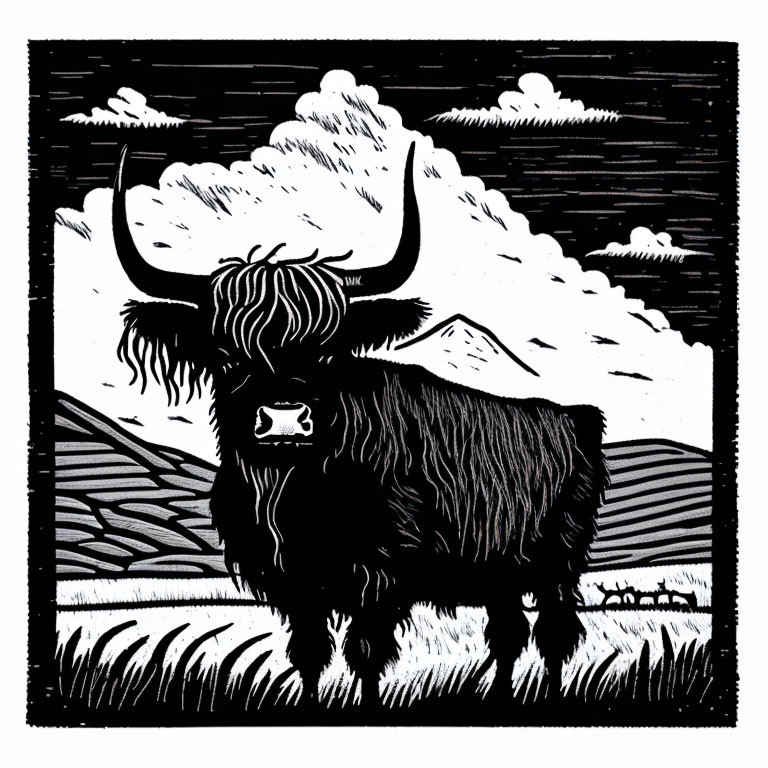 Monochrome Highland cow in field with mountains