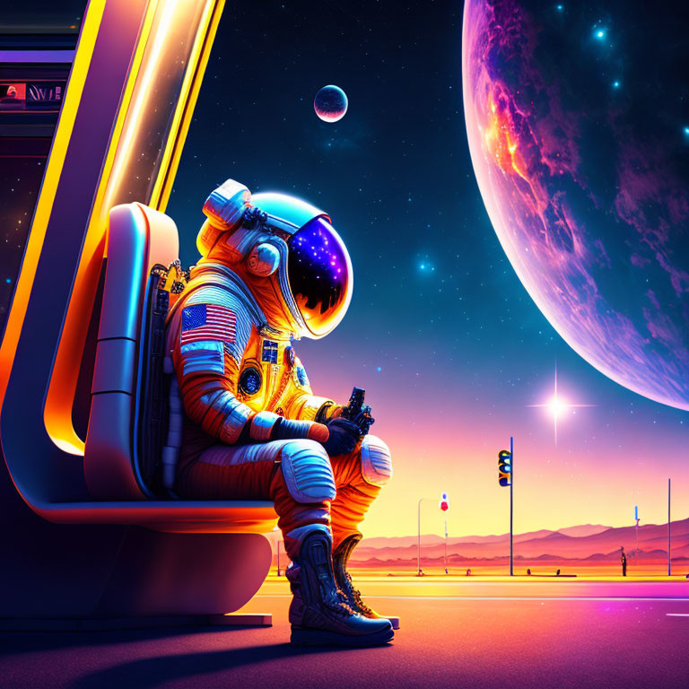 Astronaut at bus stop observes large moon and smaller celestial body in twilight