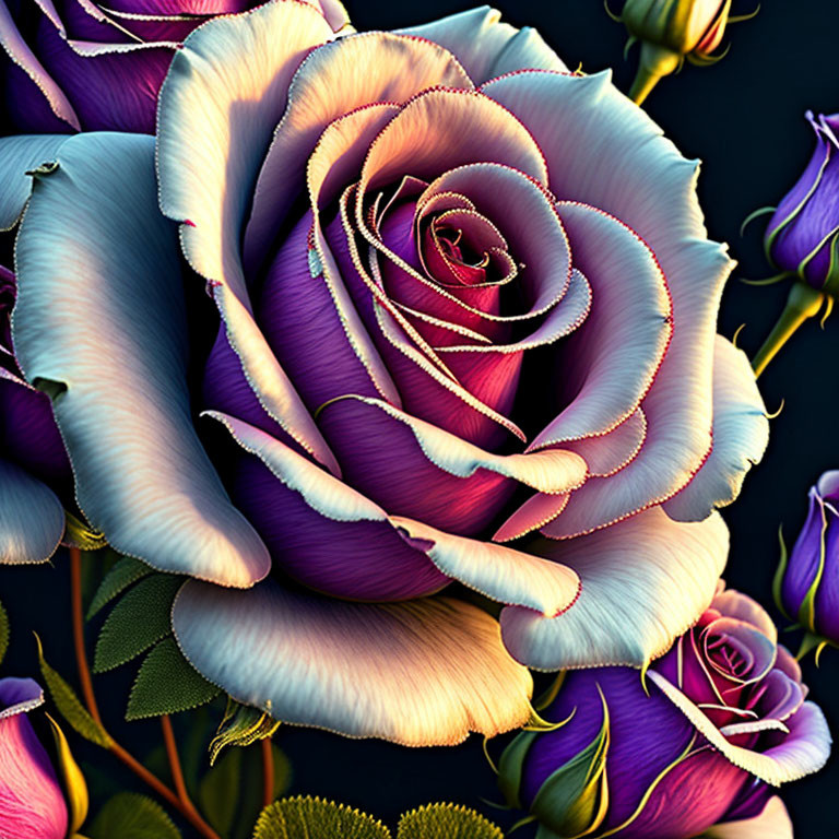 Close-up Digital Art: Vibrant Purple & White Rose with Gradient Effect & Textures on Dark Background