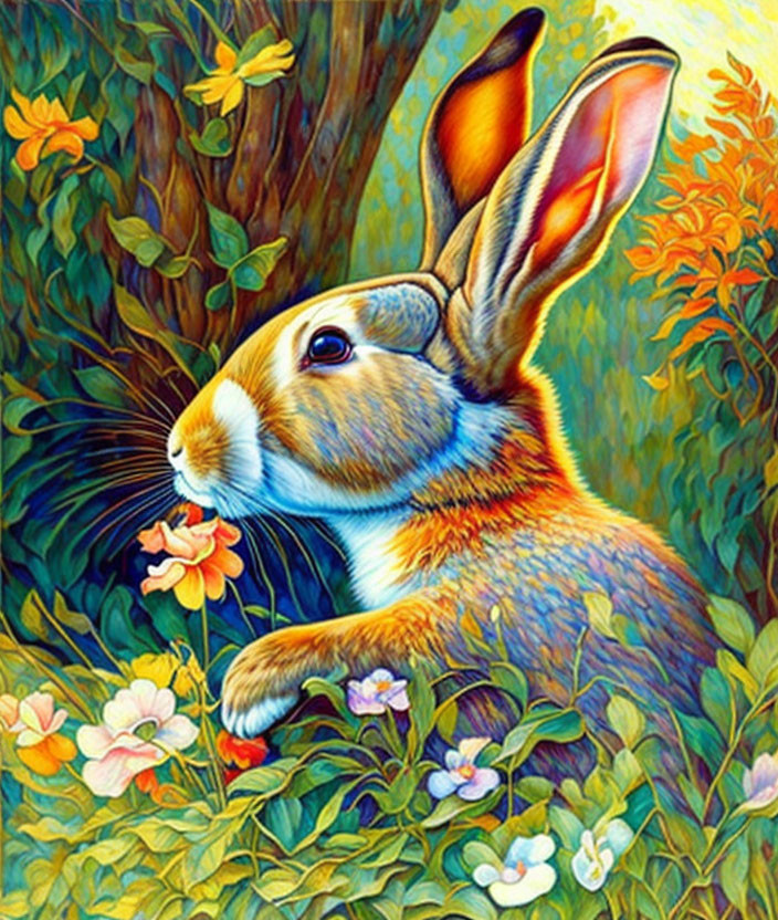 Colorful painting of large-eared rabbit in lush foliage & flowers