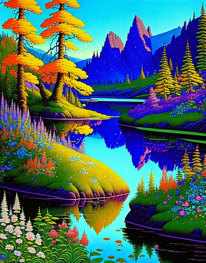 Colorful Landscape: Blue River, Autumn Trees, Purple Flowers, Mountain Peaks