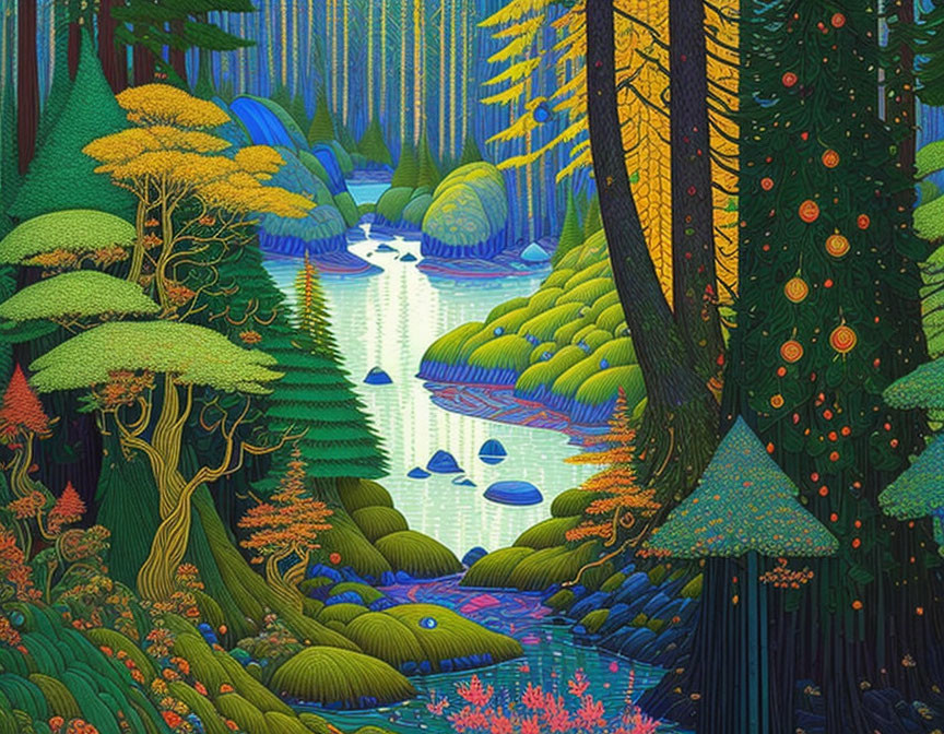 Surreal forest scene with diverse trees, river, and colorful foliage