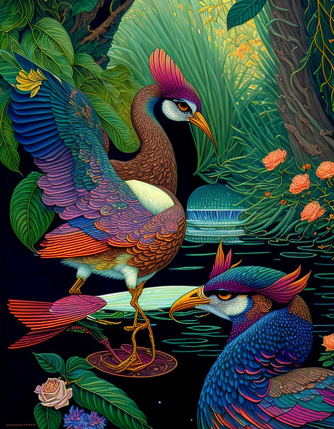 Vibrant bird artwork in blue, purple, and gold hues amid lush foliage