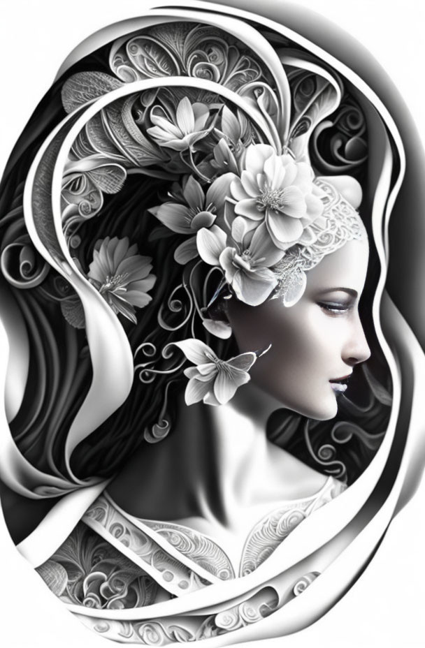 Monochrome artistic profile of a woman with floral patterns.