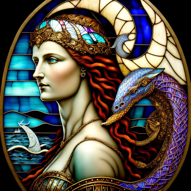 Woman with crown and dragon in stained glass-style art