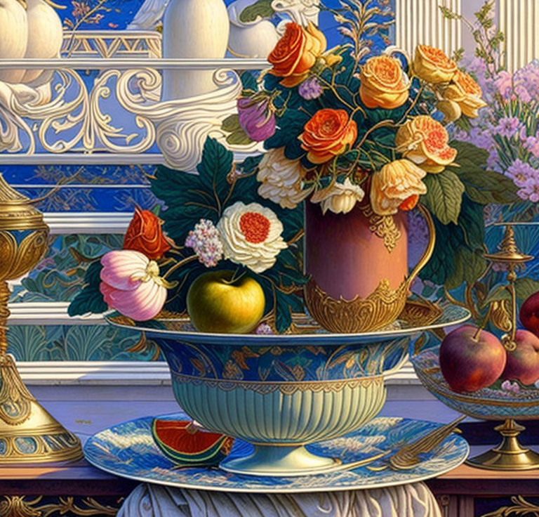 Detailed Classical Still Life with Urn, Flowers, Fruits, and Decorative Motifs